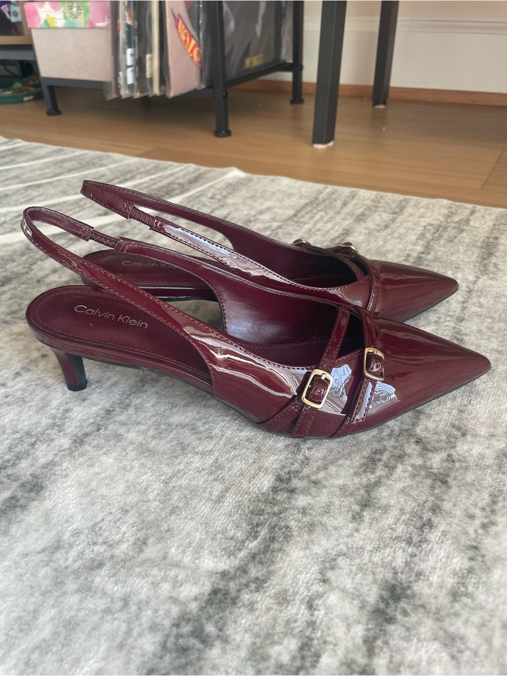 Calvin Klein Glossy Burgundy Patent Pointed Slingback Pumps - Picture 4 of 6